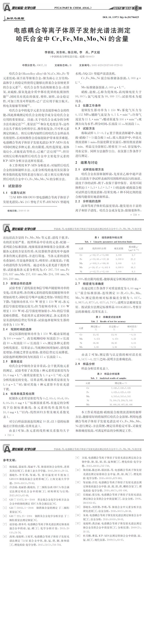 電感耦合等離子體原子發(fā)射光譜法測(cè)定哈氏合金中Cr、Fe、Mn、Mo、Ni的含量